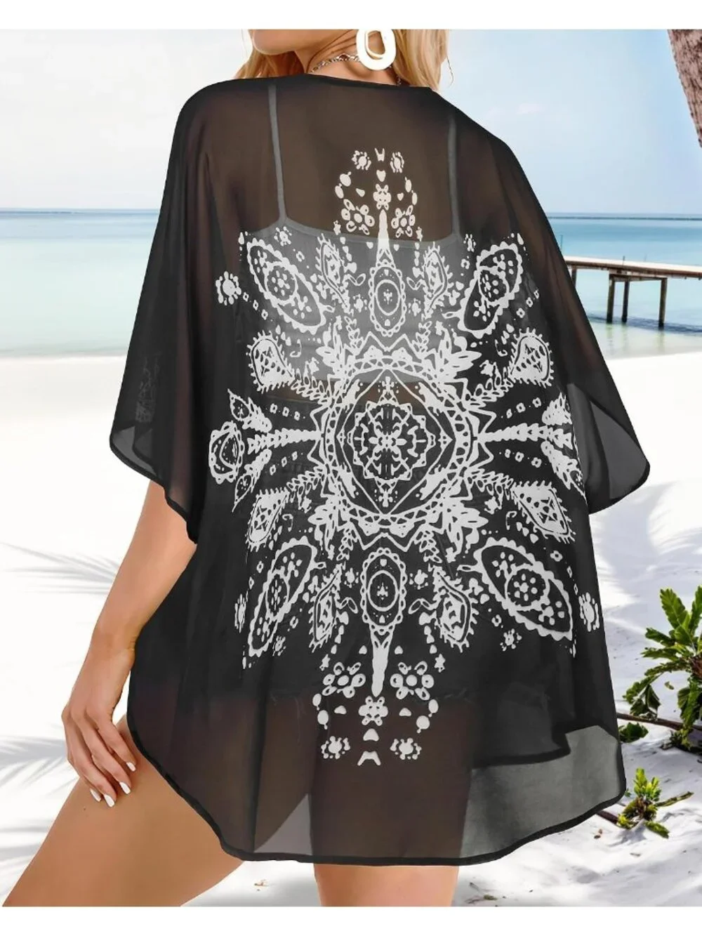 Women Black Polyester Kimono Cardigan Beach Swimwear Top Cover Up Puff Sleeve